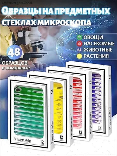 48шт Подготовленных образцов предметных стекол микроскопа;Подарки для детей.