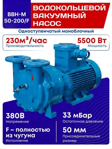 Одноступенчатый моноблочный водокольцевой вакуумный насос BBH-M 50-200/F с двигателем 5.5 кВт