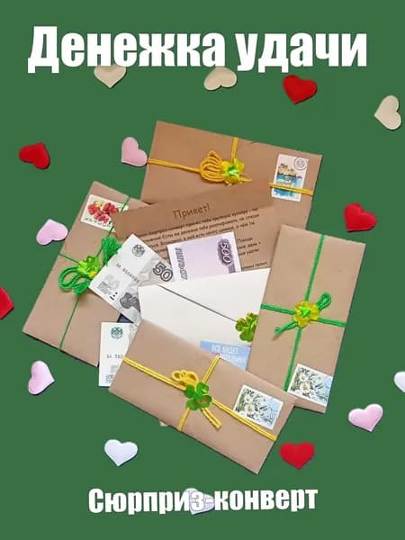 Сюрприз-конверт "Денежка удачи". Подарочный набор с настоящей купюрой внутри и инструкцией.
