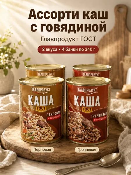 Ассорти каш с говядиной Главпродукт ГОСТ 4 шт по 340 г, гречневая и перловая каша, готовые блюда в банке для дачи, дороги и запаса