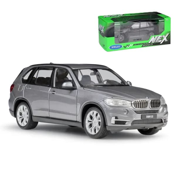 Модель автомобиля BMW X5 SUV компании WELLY в масштабе 1:24, изготовленная из сплава серого цвета, с размерами 19.4 7.7 7 см, упаковкой 24.5 12.5 10
