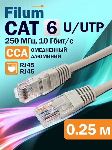 Патч-корд 0.25м, U/UTP Filum кат. 6, интернет кабель, FL-U6-0.25M, серый