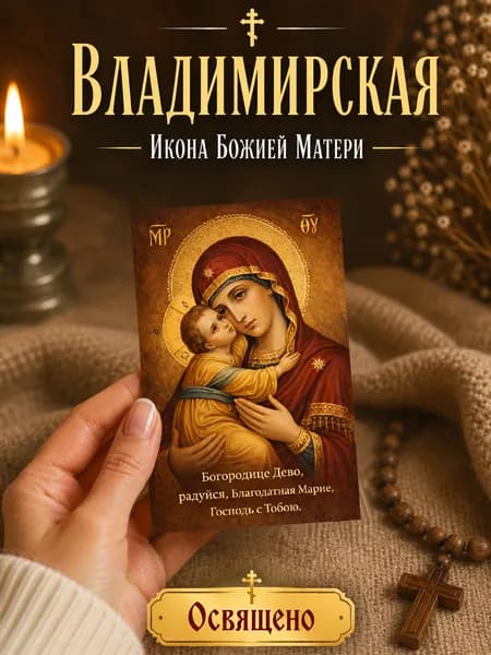 Карманная икона Владимирской Божией Матери 5.5х8.5 см, ламинированная глянцевая, освящена, с молитвой