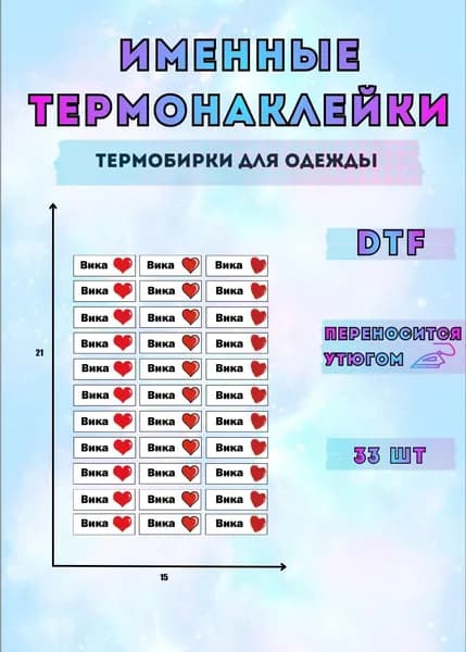 Именные термонаклейки для маркировки одежды Сердечки Вика, термобирки