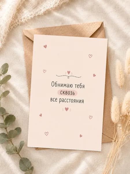 Открытка "Обнимаю тебя сквозь все расстояния", A6 10х15 см с крафт-конвертом