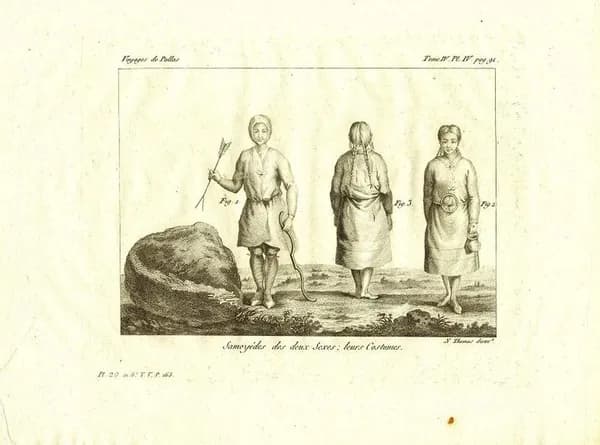 Самоеды (ненцы, энцы) в национальных костюмах. Антикварная гравюра (резец, офорт). Франция, 1794 год