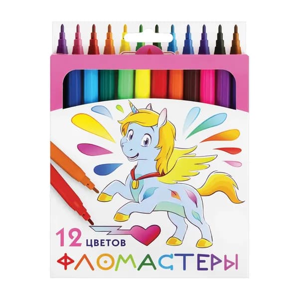 Фломастеры ПИФАГОР "ЕДИНОРОГ", 12 цветов, вентилируемый колпачок, 152448 канцелярские товары для офиса и дома