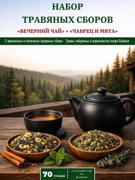 Чай травяной сбор травы тайги набор 2в1: "Вечерний чай" + "Чабрец и мята" / Чай алтайский травяной успокаивающий (70 грамм)