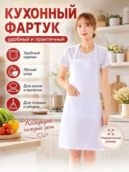 Фартук рабочий кухонный 75х62 см (белый, усиленные карманы, 1 шт)
