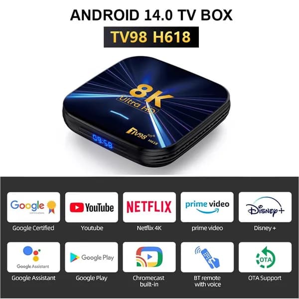 Смарт ТВ приставка 8K ULTRA HD, 4/64 ГБ, Android 14.0, бесплатное ТВ, Wi-Fi, Bluetooth пульт, медиаплеер