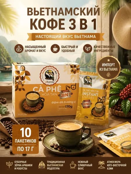 Вьетнамский растворимый кофе 3 в 1 TUCOFFEE, 170 г (10 пакетиков по 17 г), оригинальный вкус Вьетнама, ароматный кофейный напиток
