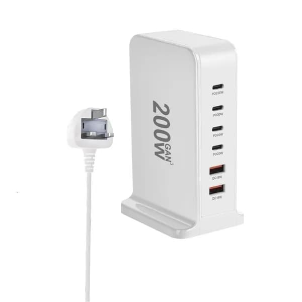 USB C Fast Charger 200w 2 USB+4 типа зарядная станция 6 Порт -блок питания стена для путешествий, Белый - UK