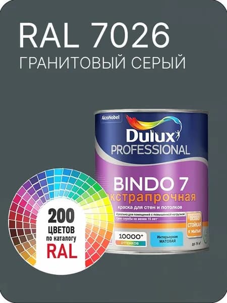 Краска для стен и потолка Dulux Professional Bindo7 экстрапрочная серый гранитовый Ral 7026 0,9 л.