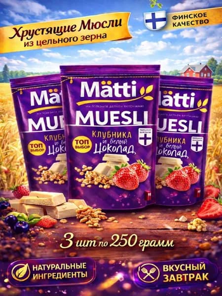 мюсли запеченные с Клубникой и белым шоколадом Matti 3шт по 250г