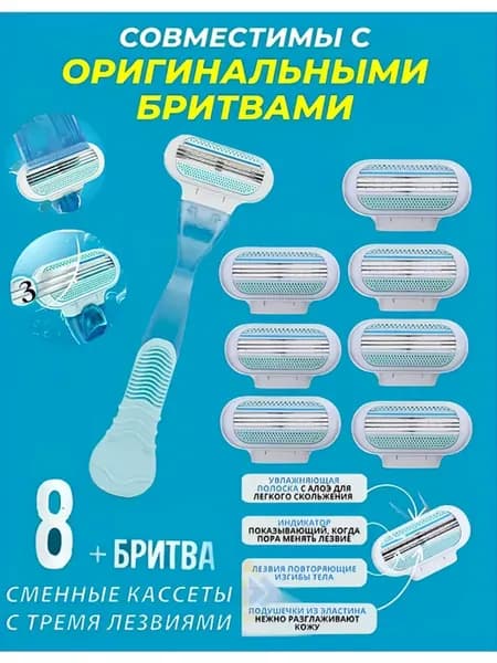 Бритва женская многоразовая, станок + 8 кассет