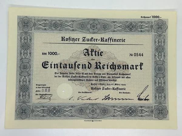 Акция Германия. Сахарный завод Розитц, 1000 рейхсмарок 1939 год №39