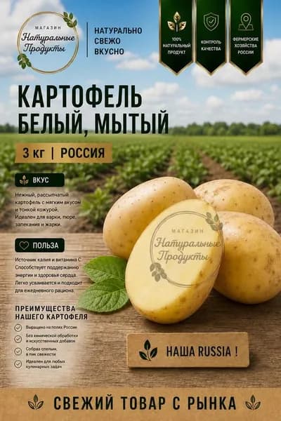 Картофель белый мытый, 3 кг, РФ рассыпчатый, для пюре, супов и запекания