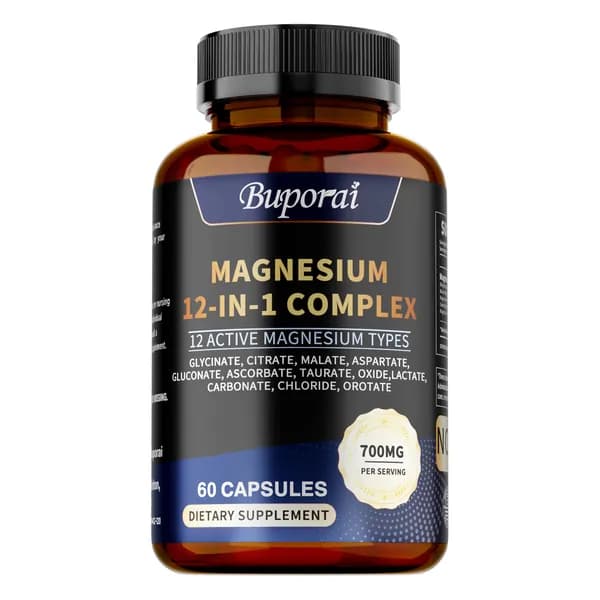 Биологически активная добавка Buporai 12-в-1 Magnesium Complex предназначена для поддержания нервной системы, здоровья костей, работы сердца, улучшения сна, снижения мышечного напряжения и стресса.