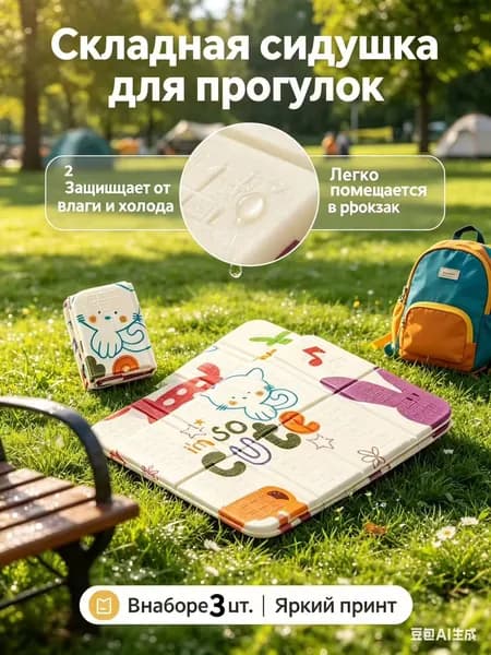 Сидушка туристическая складная, коврик для сидения водонепроницаемый, пенка-подпопник, 3 штуки, 39х30 см, для детей, пикника и путешествий
