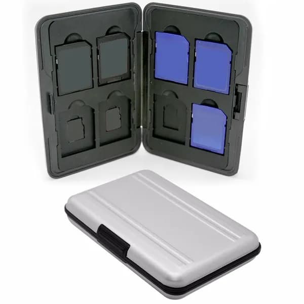 Серебристый пластиковый бокс для карт: 8 SD + 8 microSD, алюминиевый корпус
