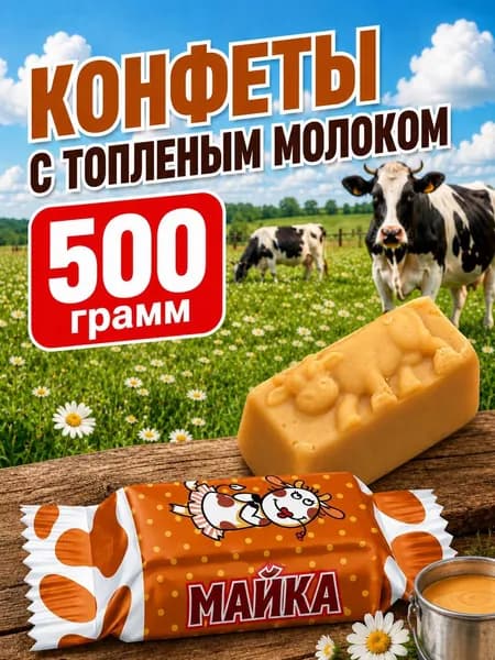 Молочная конфета с топлёным молоком 500 грамм. На конфете нанесен барельеф коровы