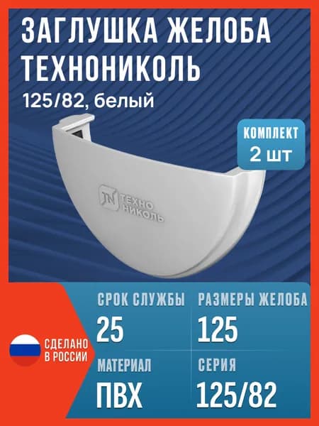 Заглушка желоба водосточного Технониколь 125/82, белый, 2 шт. / Заглушка желоба Технониколь