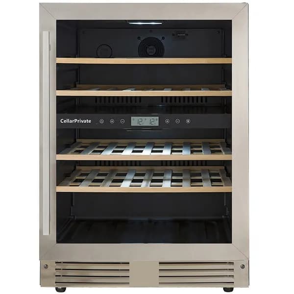 Винный шкаф Cellar Private СР043-2Т, встраиваемый, двухтемпературный на 44 бут, серебристый.