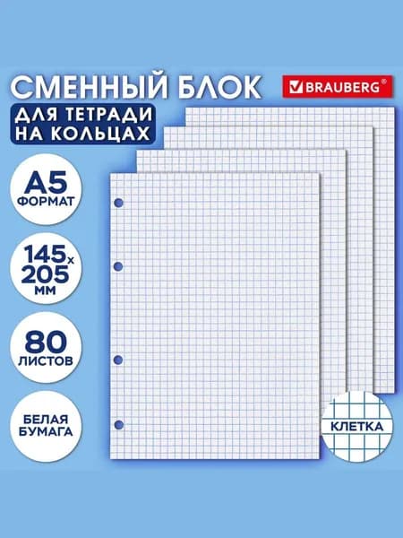 Сменный блок для тетради на кольцах А5, 80 л., BRAUBERG, "Белый", 404612