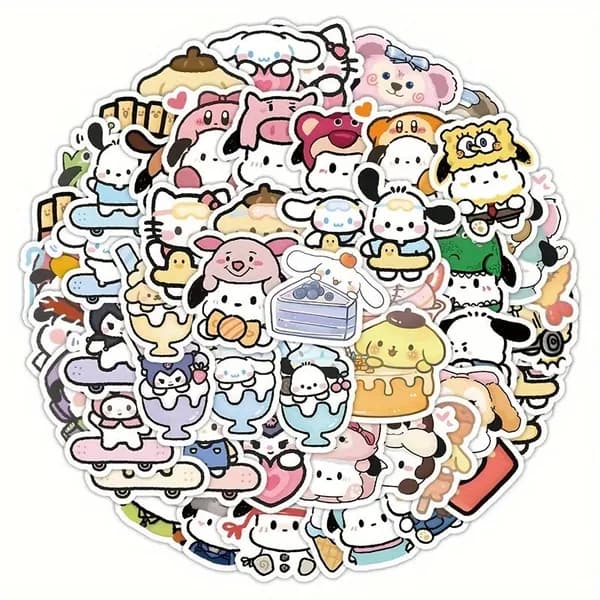 Sanrio Набор наклеек 1 комплект 100 шт Hello Kitty Pochacco Kuromi Стикеры самоклеящиеся