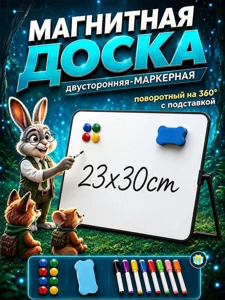 Доска для рисования детская магнитная,30x23см для рисования маркером, с подставкой, Поворотная,8 маркеров, 8 магнита и губка
