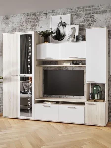 Гостиная комплект Лукас со шкафами, ТВ-тумба, настенная полка, 230х44х194 см, Дуб Сонома / Белый