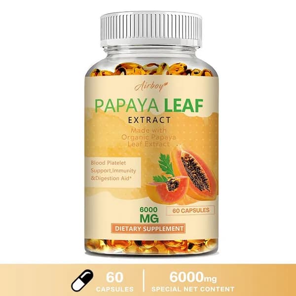 Капсулы Airboy Organic с экстрактом листьев папайи разработаны для поддержания уровня тромбоцитов, укрепления иммунитета и улучшения пищеварения.