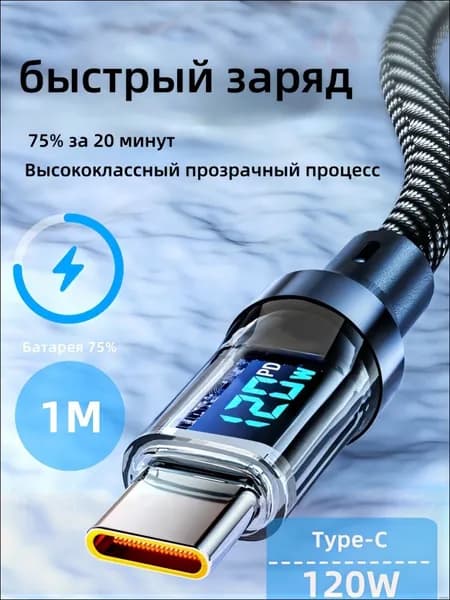 Сетевой кабель питания USB Type-C/USB 2.0 Type-A, 1 м, черный