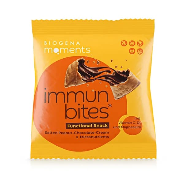 Подушечки хрустящие Immun Bites с начинкой Солёный арахис-шоколад для иммунитета (без сахара, без глютена), Moments by Biogena, 30 г, Австрия