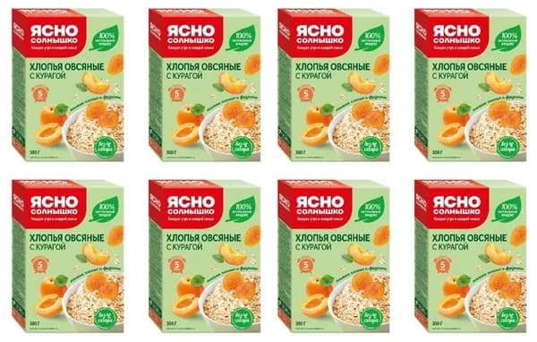 Ясно солнышко Хлопья овсяные с курагой, 300 г, 8 уп в коробке