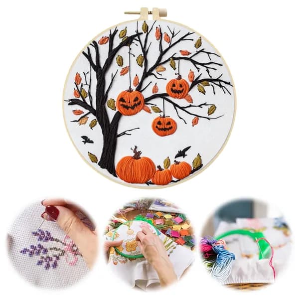 Набор для вышивания Pumpkin Night на хлопке 24 24 см с деревянными пяльцами 15 см