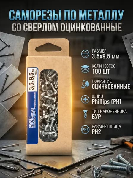 Саморезы по металлу со сверлом оцинкованные 3.5x9.5 мм 100 шт.