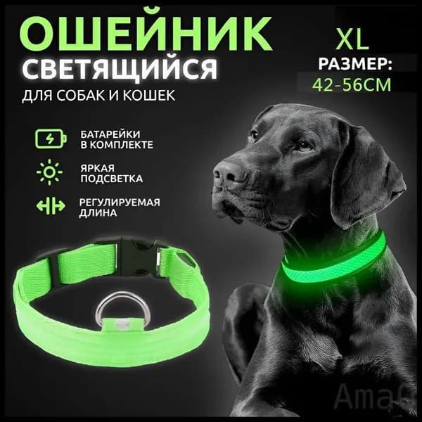 Светодиодный нейлоновый зеленый ошейник для собак и кошек, размер