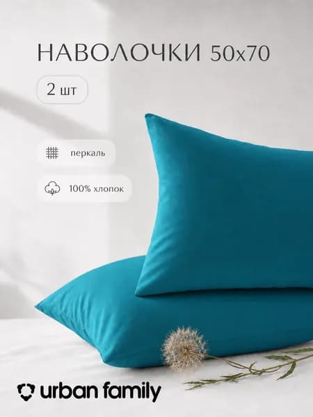 Наволочки 50х70, комплект из 2-х штук на молнии ТМ Urban Family Темно-бирюзовый, ткань перкаль, 100% хлопок
