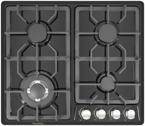 Варочная панель газовая Hausberg HB-651BL_GR, 4 конфорки, WOK, чугунные решётки, электроподжиг, чёрная