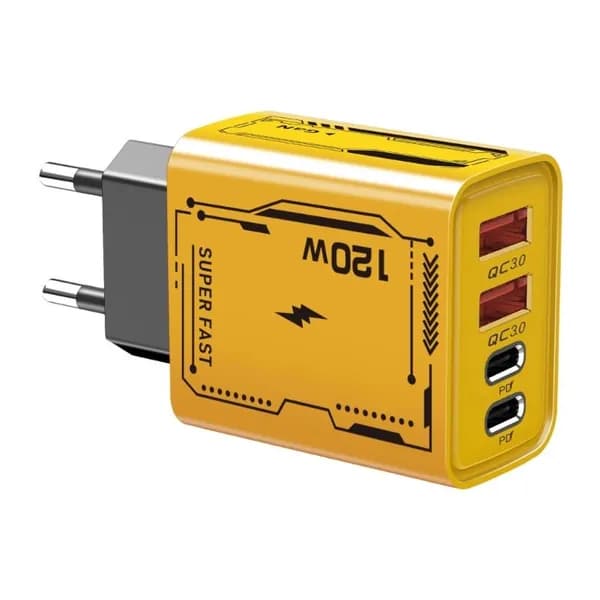 (1шт) Зарядное устройство dual PD + dual USB мощностью 120 Вт европейского стандарта-желтый