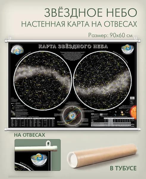 Звездное небо настенная карта 90х60 см на отвесах (на рейках) в тубусе, матовая ламинация, для дома, школы, офиса, "АГТ Геоцентр"