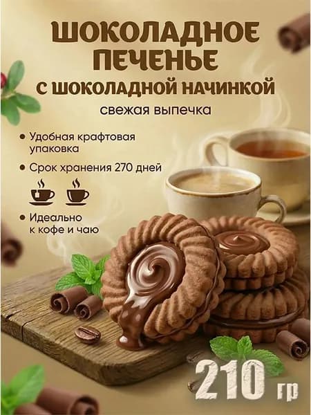 КОРОБОЧКА С ПЕЧЕНЬЕМ шоколадное "ВОЗНЕСЕНСКОЕ" с шоколадной начинкой, 210 гр. в крафтовой упаковке