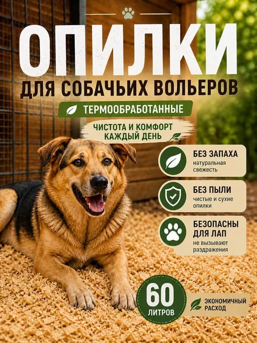 Опилки для собачьих вольеров термообработанные 60 литров