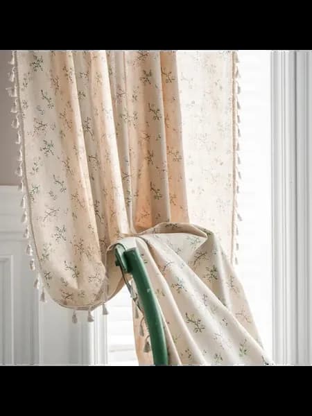 Портьера бохо с цветами 150x130 см, бежевая