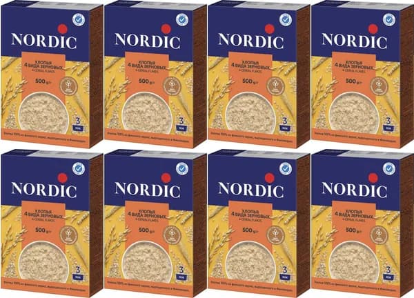 Хлопья Nordic 4 вида зерновых, комплект: 8 упаковок по 500 г
