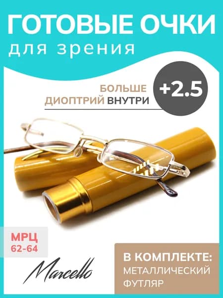 Готовые очки для зрения, Marcello GA0127 C2 с диоптрией +2.5 для чтения на плюс. Форма прямоугольная. Очки в металлическом футляре.