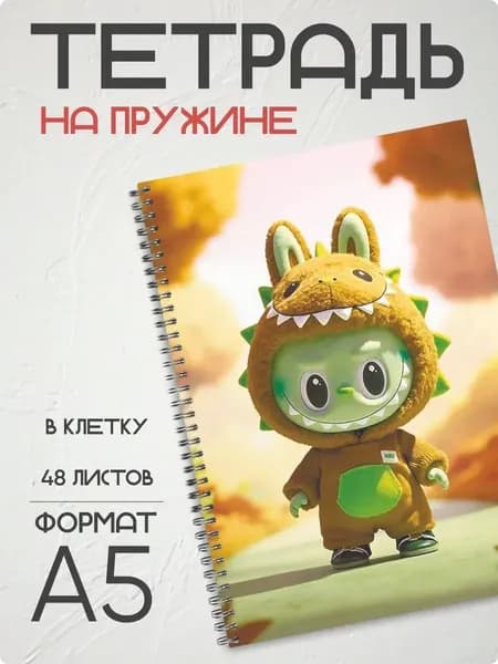 Тетрадь 48 листов в клетку на кольцах, блокнот А5 на пружине Лабубу