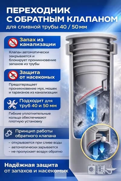 Обратный клапан для канализации 40,50 мм под раковину, переходник сифона и гофры, антизапах, защита от насекомых.