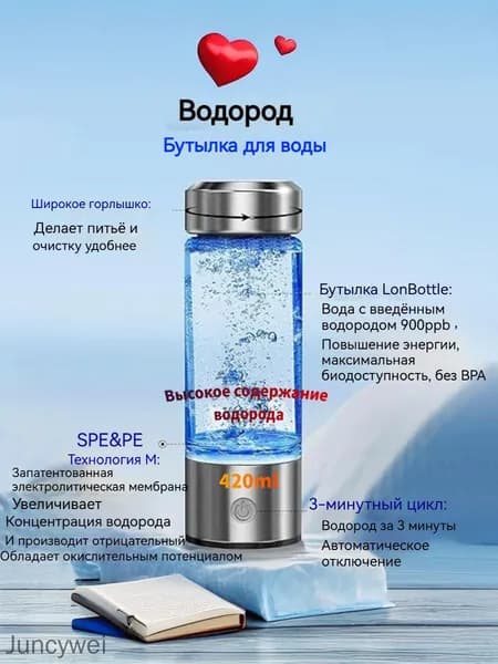 Генератор водородной воды 420 мл SPE/PEM 900ppb USB заряд без BPA